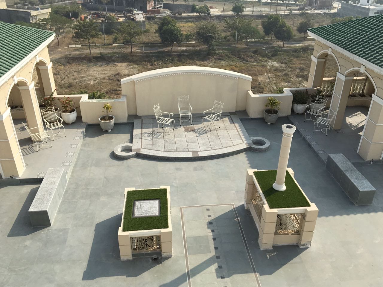 Seating areas with classic Roman architectural elements